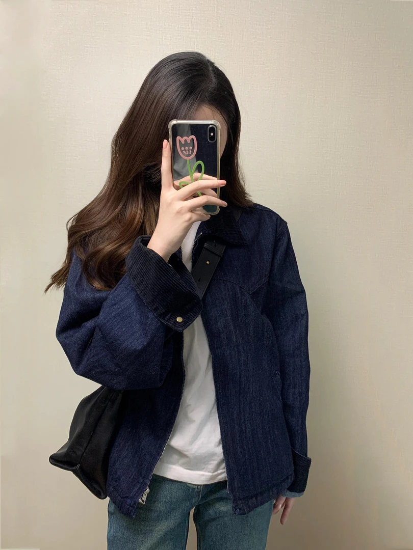 【酷酷的你】短款宽松型厚款外套开衫上衣纯白T恤休闲风牛仔裤套装