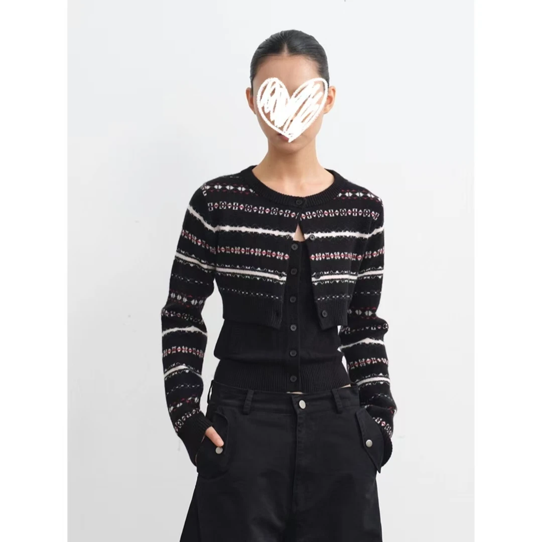 【秋季海岛】韩系复古费尔岛针织开衫套装内搭吊带上衣两件套H1082