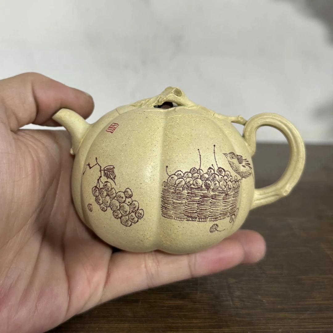 宜兴紫砂壶原矿本山绿泥泥绘名家杨菲原矿超薄胚文人寿桃180CC