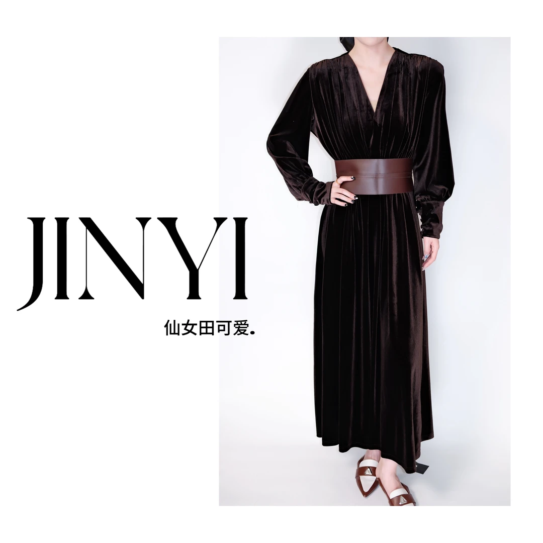 【丝绒调】气质赫本姐姐风秋季V领绑腰连衣裙