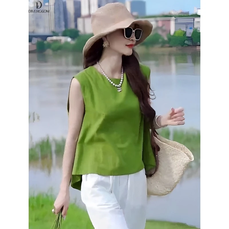 DIIIVERGOM法式绿色无袖衬衫女后背衬衣百搭设计感夏季新款开叉独