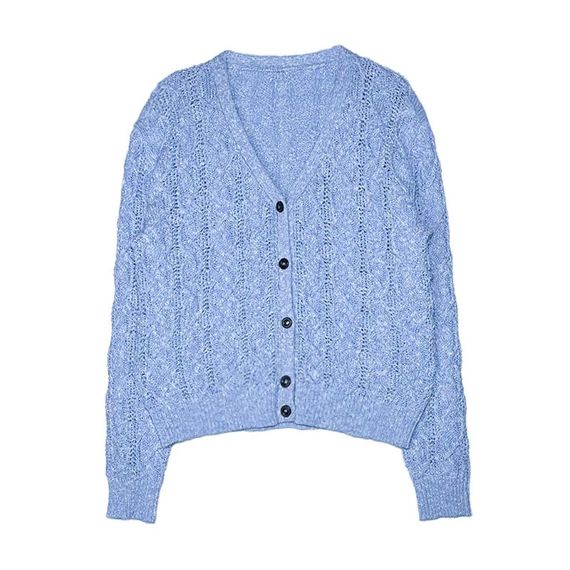 麻花毛线V领镂空针织开衫女外套2024秋季新款短款长袖毛衣慵懒风