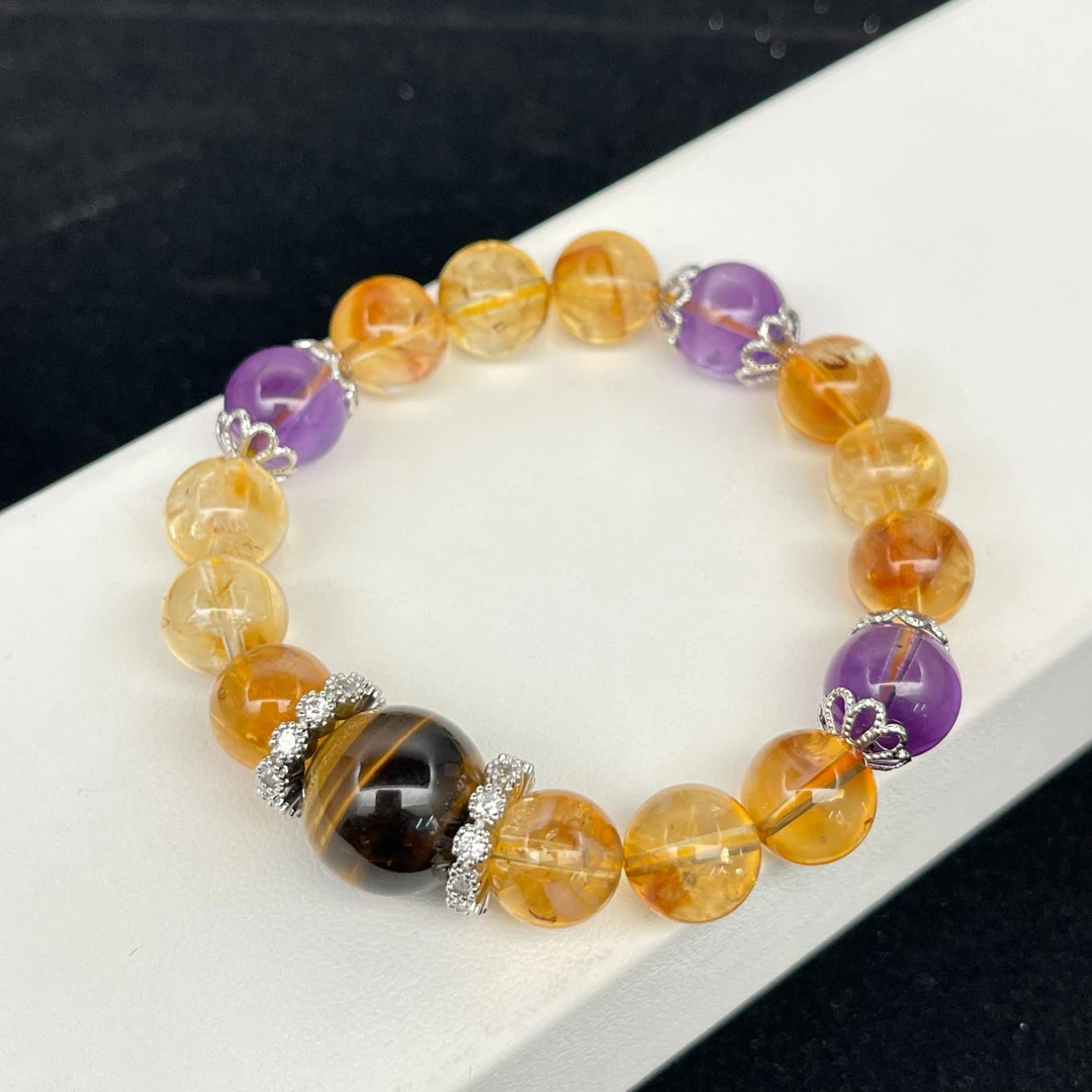 【金满仓】天然黄塔晶10mm+紫水晶10mm+虎眼石14mm（招财满满手串）