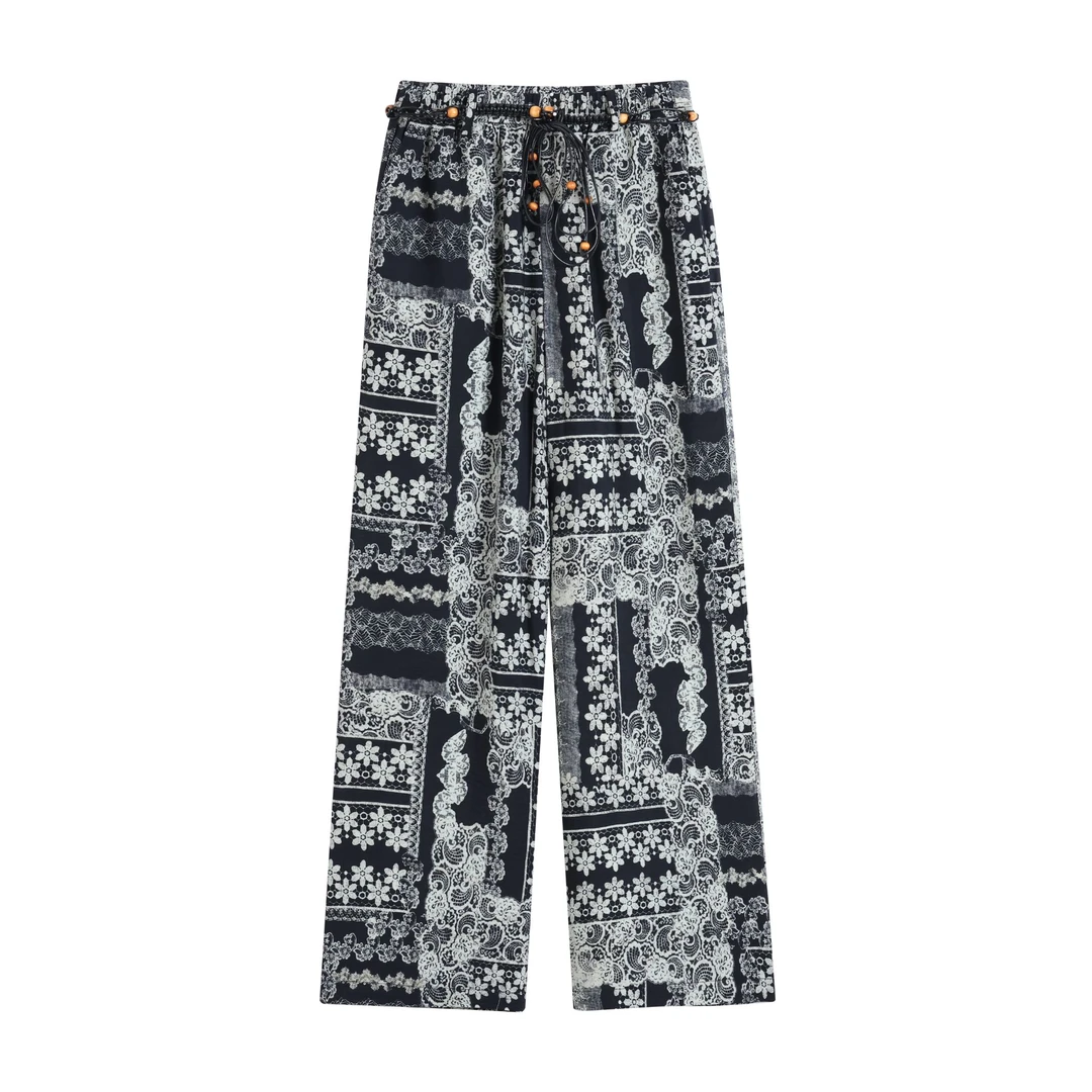 30843【IF订单】松紧腰复古印花阔腿休闲裤0555