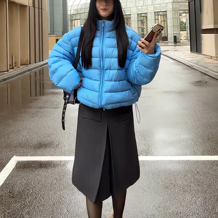 韩系立领蓝色短款棉服女装2025年冬季新款气质显瘦百搭面包服外套