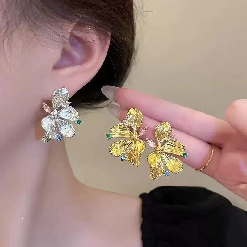 合金耳饰 A114欧美褶皱花朵耳钉小众设计冷淡风复古耳环轻奢耳饰