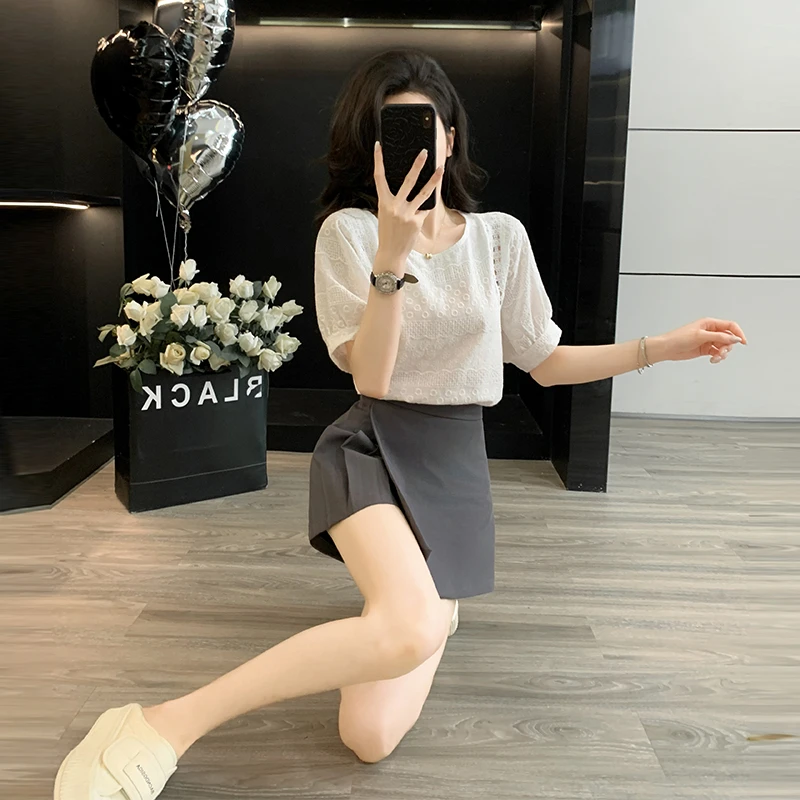 小个子复古刺绣短袖白色衬衫百褶裙阔腿a字短裙显瘦半身裙两件套