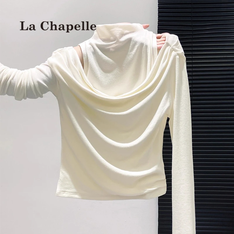 拉夏贝尔半高领白色长袖打底衫女早秋高级设计感修身t恤上衣外穿