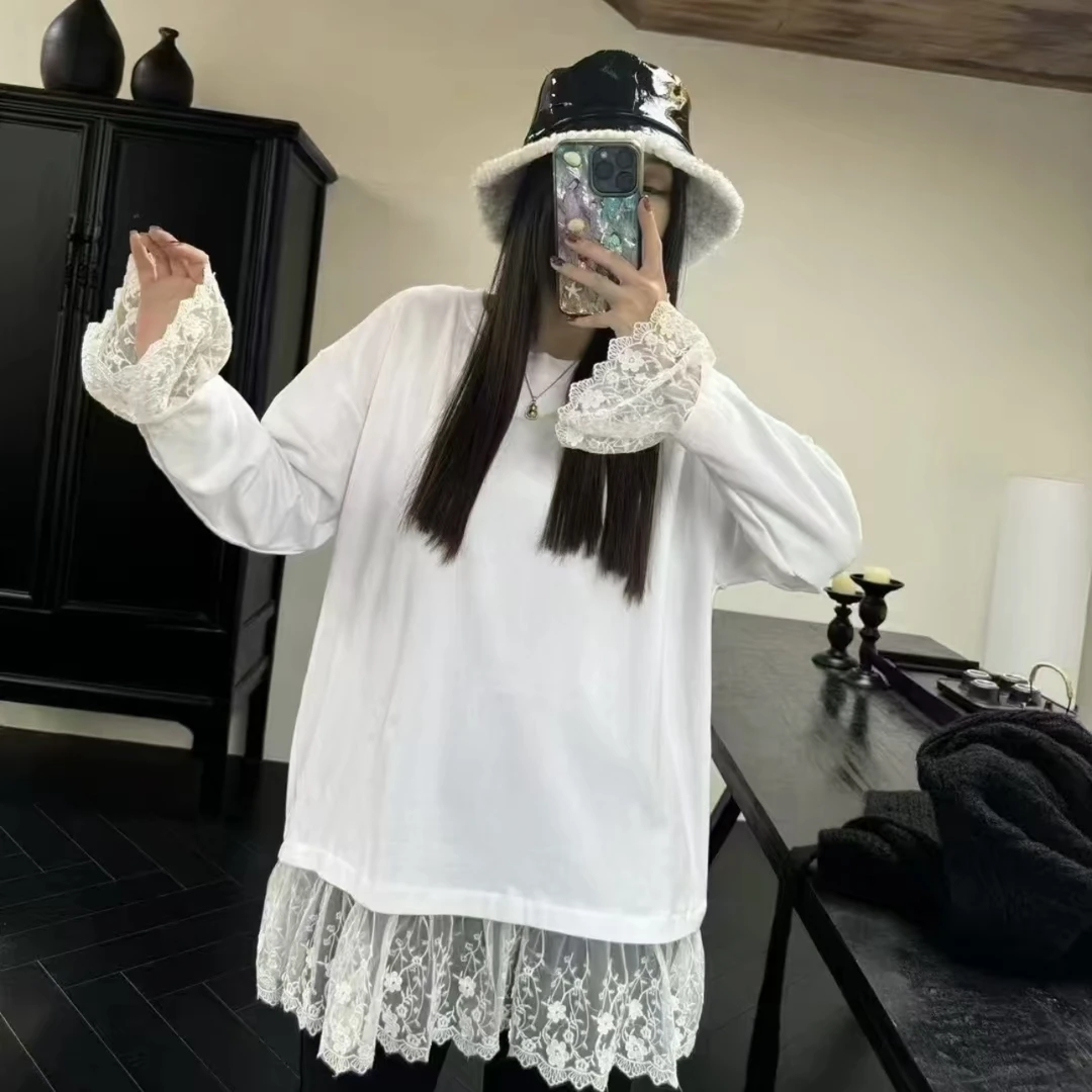 胖胖家*新款蕾丝拼接圆领大版减龄显瘦衫