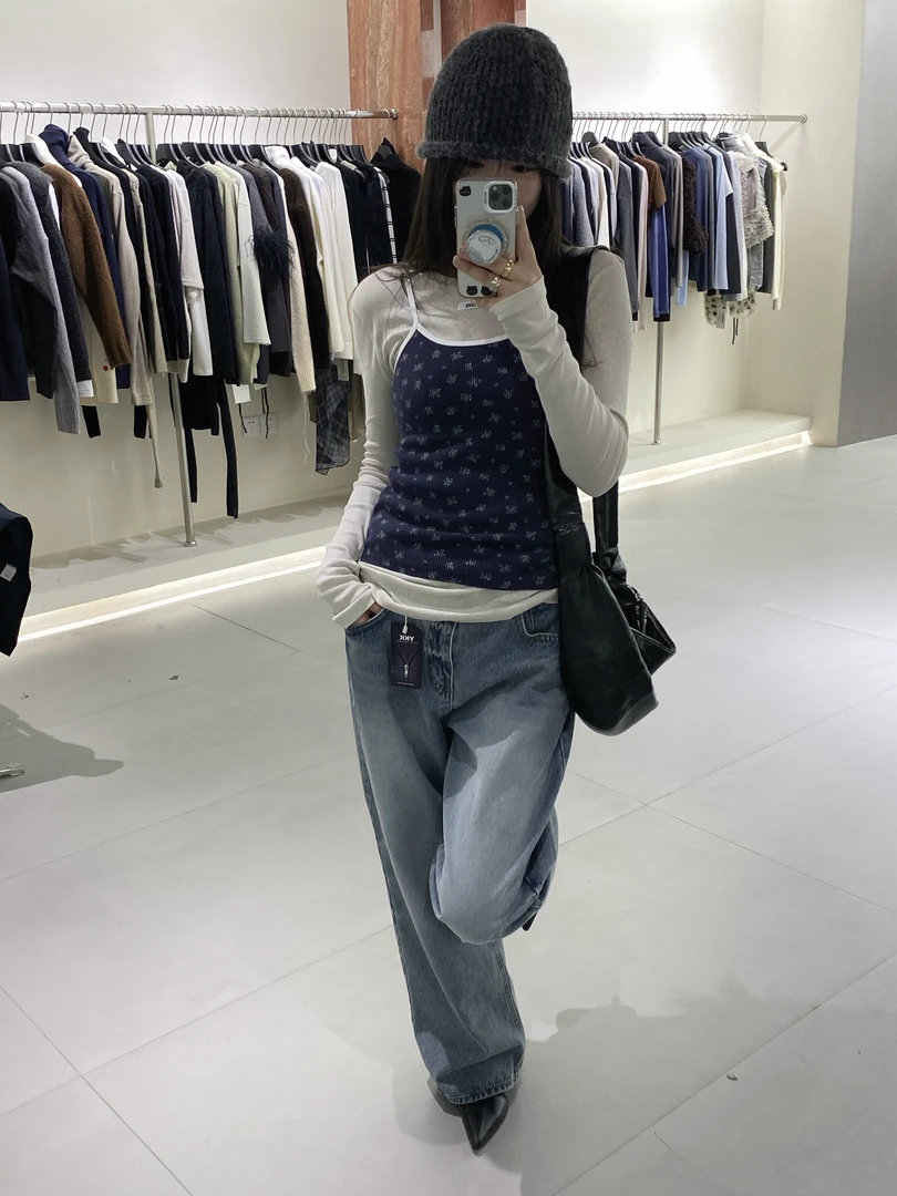 泡菜蓝色碎花细肩带吊带印花无袖百搭