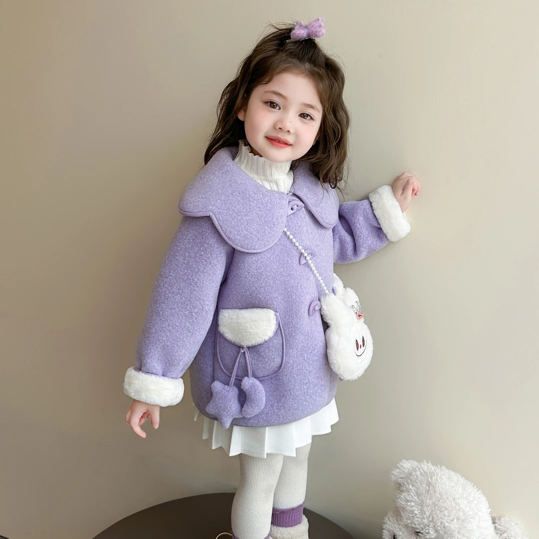 女童加绒外套秋冬款2025新款女宝宝纯色加厚大衣洋气儿童韩版上衣