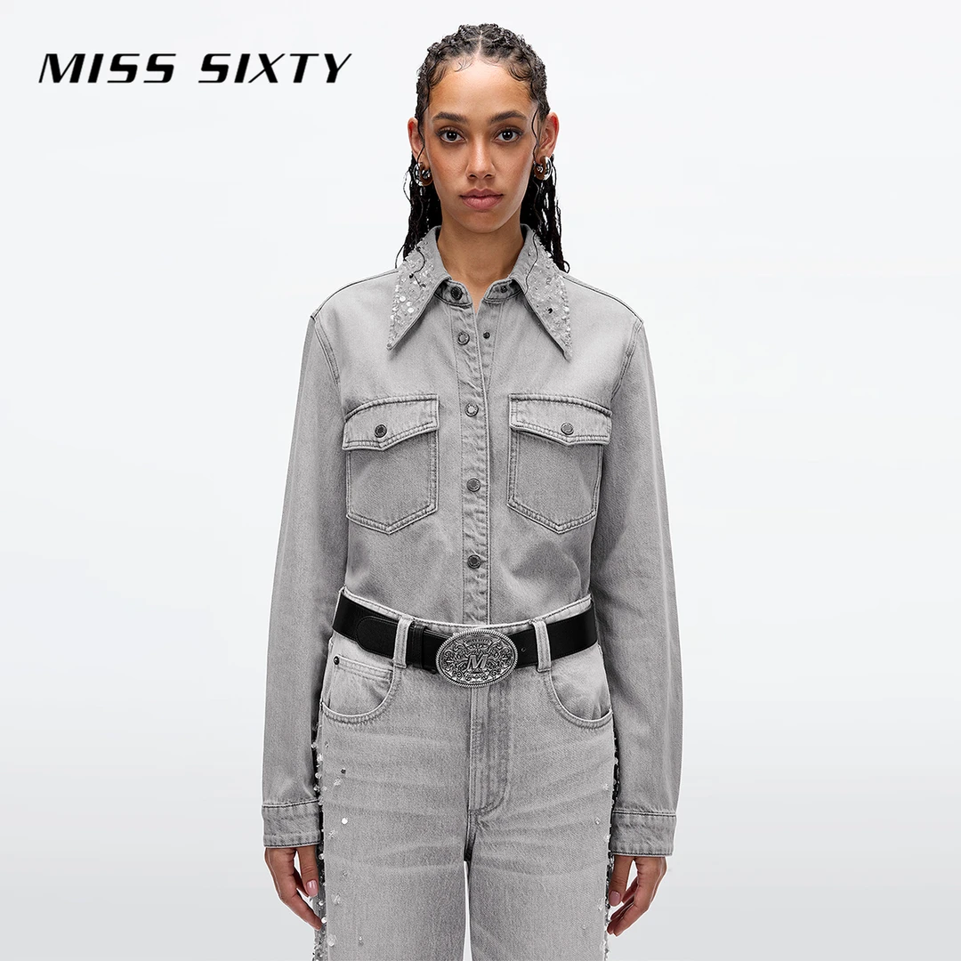 【商场同款新品】Miss Sixty2025秋牛仔衬衫女复古工装浅灰色钉钻