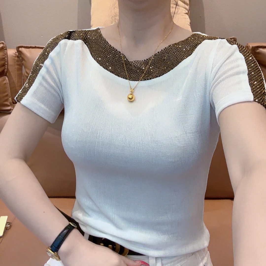 小敏家,夏季新款简约烫钻修身短袖T恤女百搭时尚显瘦