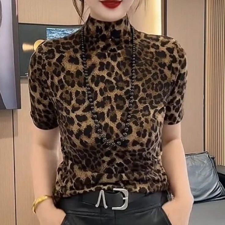 染色印花豹纹网红T恤百搭短袖修身抗皱性感半高领