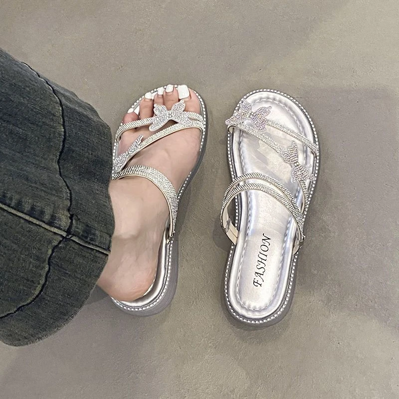绝美两穿凉鞋夏新款百搭时尚夏季蝴蝶水钻一字拖厚底沙滩拖鞋女