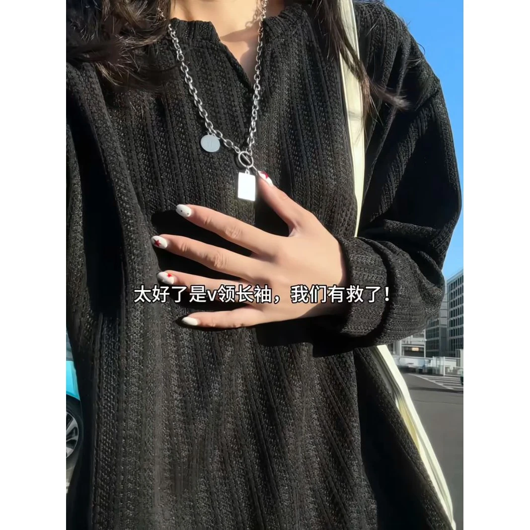 黑色肌理感小V领长袖t恤男款轻薄美式慵懒风卫衣高级感内搭打底衫