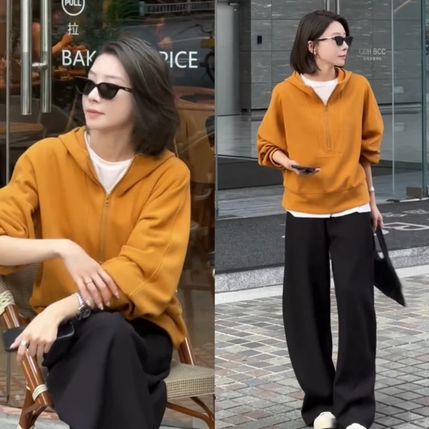 爆款时尚流行连帽半拉链卫衣短外套女2025年秋季洋气宽松显瘦上衣