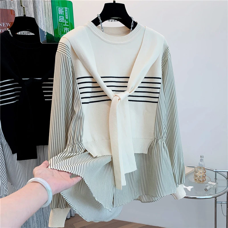 高级针织马甲拼接假两件衬衫女早秋2025新款大码胖mm遮肚长袖上衣