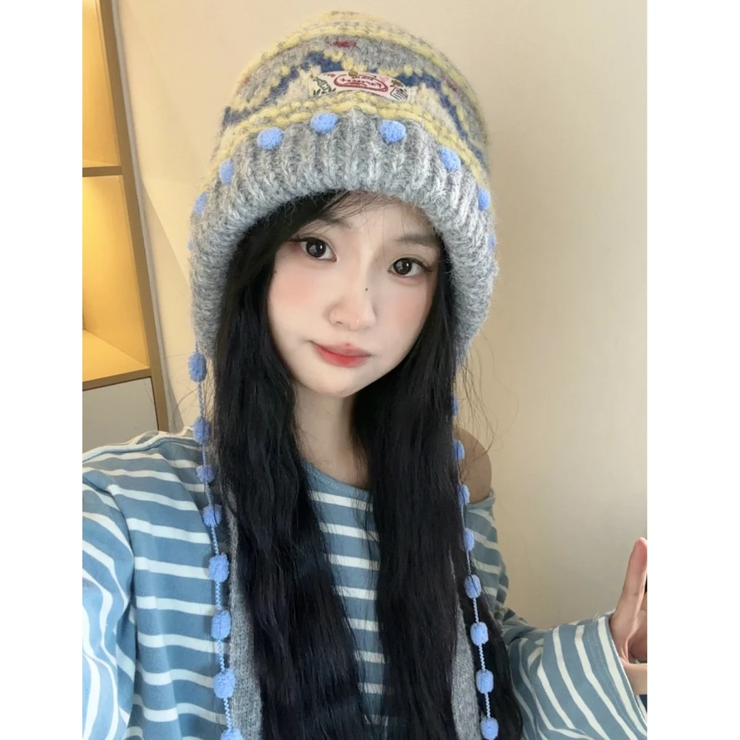 费尔岛风流苏包包帽!秋冬针织显脸小护耳包头帽韩系百搭保暖休闲