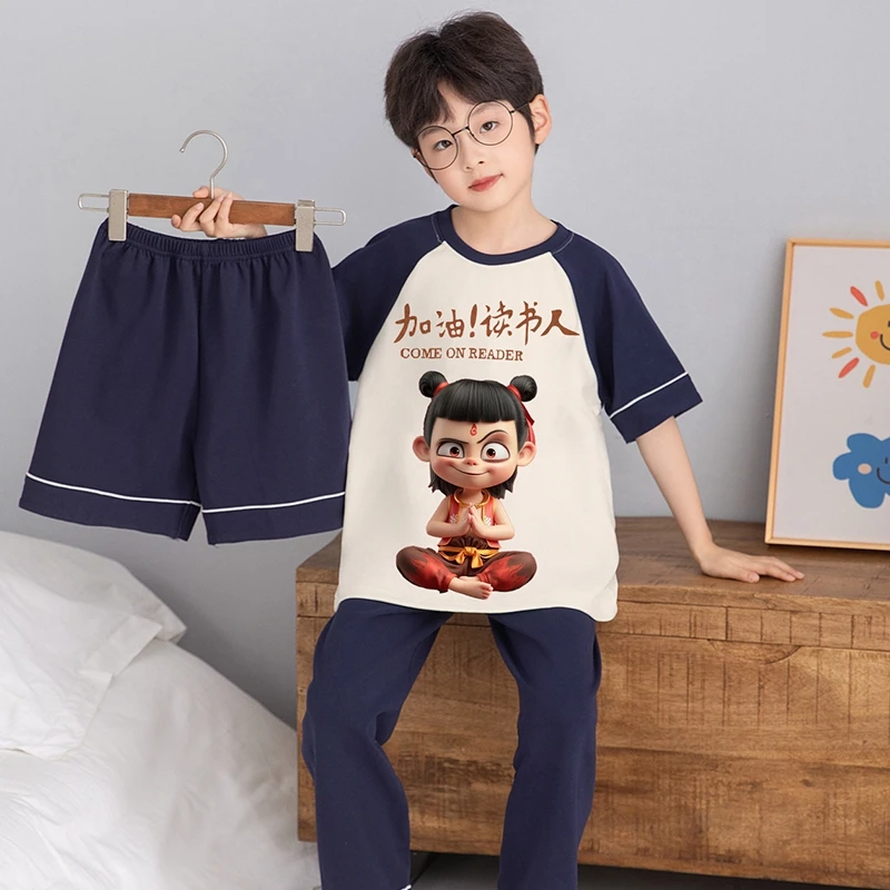 儿童睡衣男童春秋季纯棉三件套短袖长裤薄款哪吒中大童男孩家居服