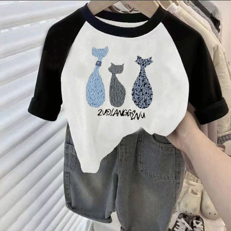 圆领儿童新款纯棉卡通可爱百搭长袖女童拼色宝宝打底上衣T恤螺纹t