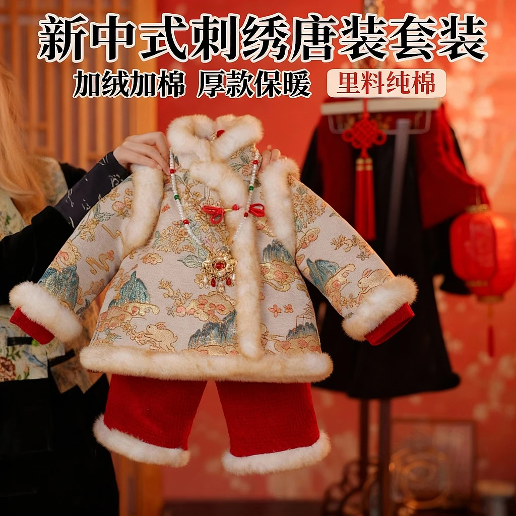 女童拜年服冬季加绒加棉【金銮玉兔】2025新款新中式刺绣国风唐装潮