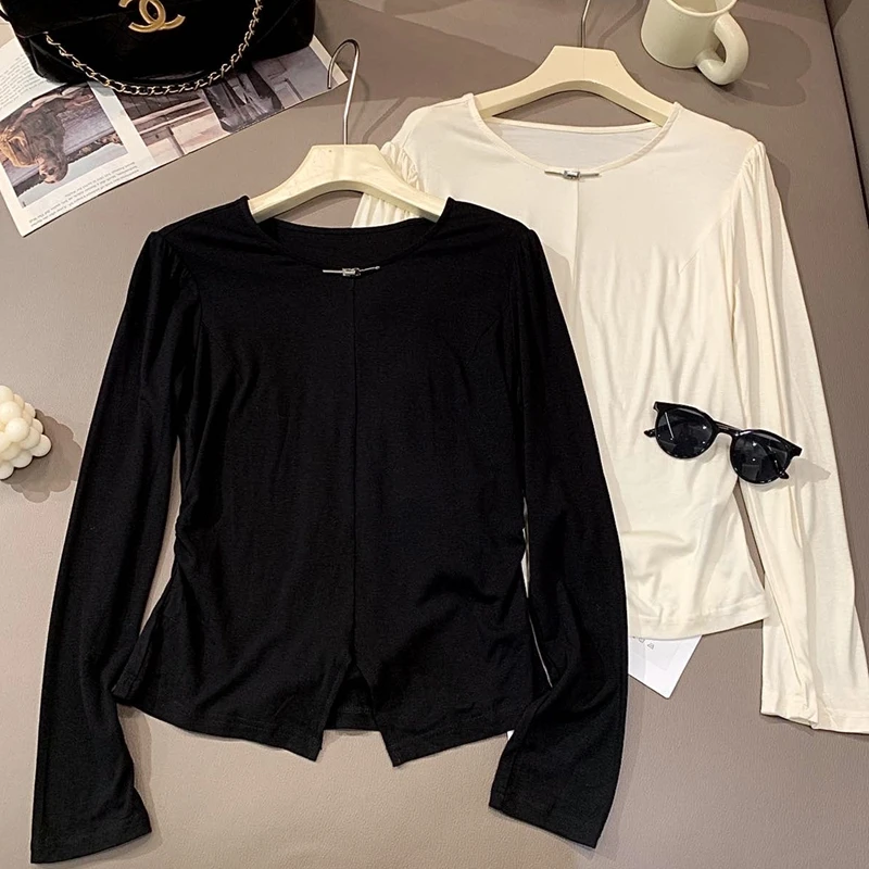 H10长袖T恤女不规则2025春季法式弹力显瘦设计感内搭打底衫上衣