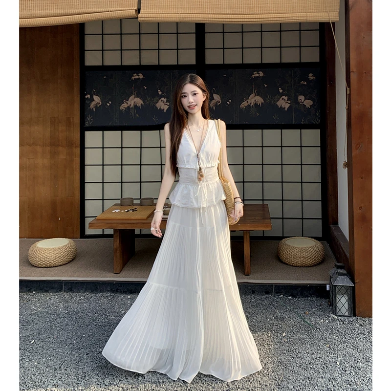 法式绑带蕾丝花边吊带夏季海边度假风裙子女高腰百褶半身裙两件套