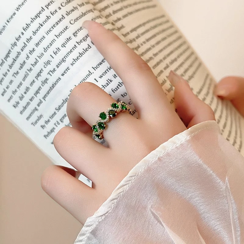 铜合金戒指 显白绿色锆石戒指女开口可调节2025新款高级感食指戒