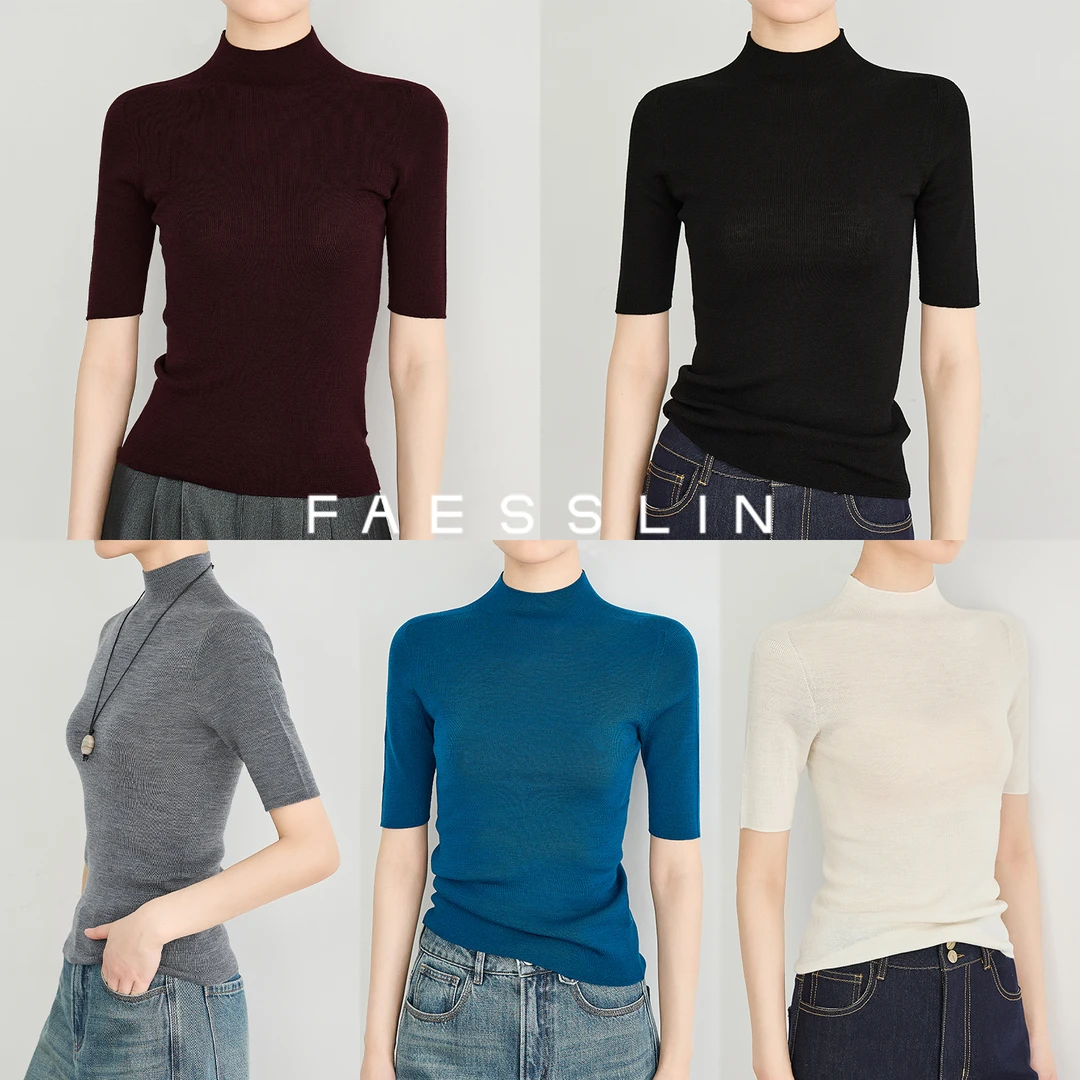 FAESSLIN【100%绵羊毛】修身圆领中袖针织衫半高领打底上衣 | 2916