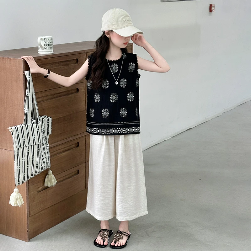 女童夏装套装2025新款儿童洋气时髦女中大童夏季无袖背心阔腿裤潮