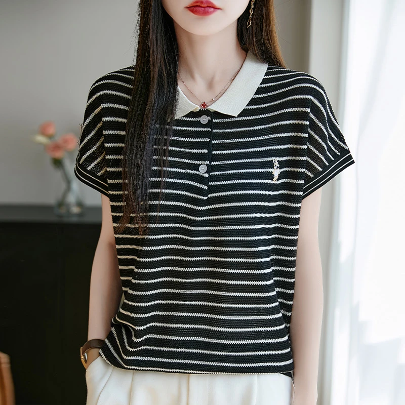 【100莱赛尔天丝】YC-F42春夏爆款条纹Polo领T恤百搭显瘦设计感上衣