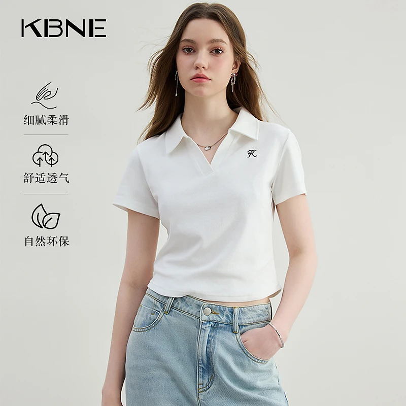 KBNE短袖女款爆款2025新款夏季美式休闲修身显瘦刺绣v领白色t恤女