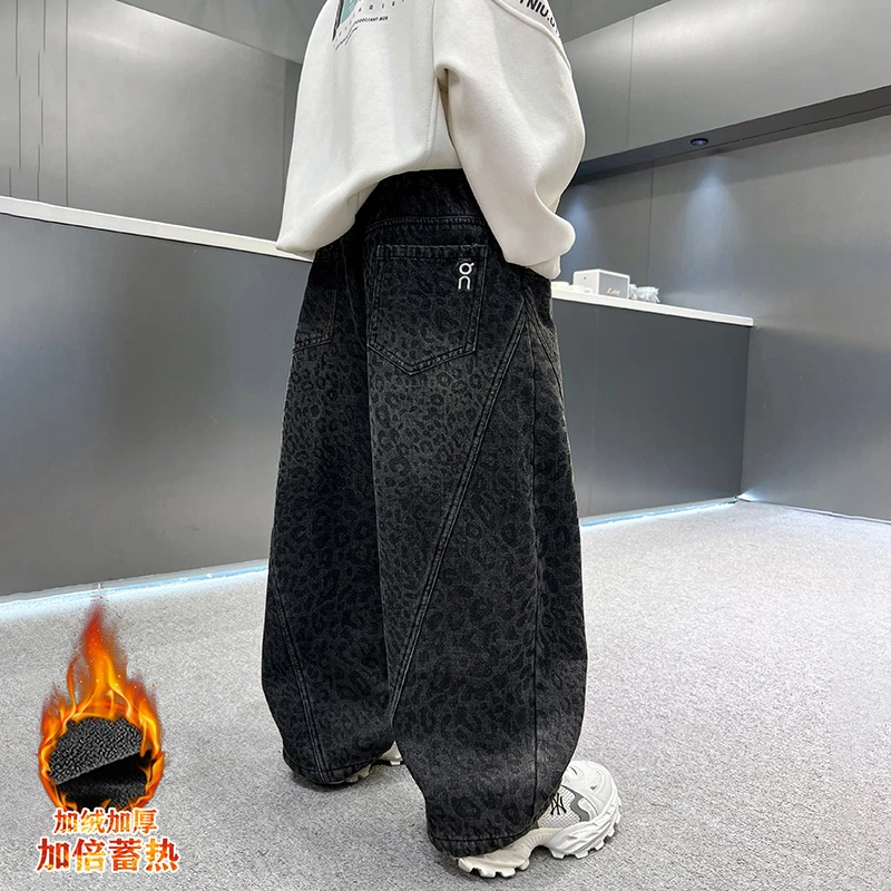 儿童装男童冬装裤子2025新款中大童秋冬款宽松冬季牛仔裤加绒加厚