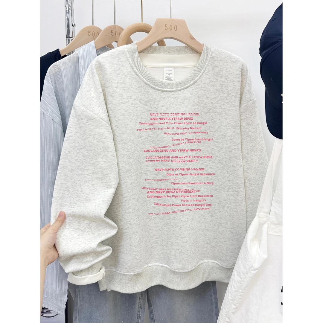 字母印花无帽圆领卫衣女秋冬2025年新款韩版慵懒风宽松大码上衣潮