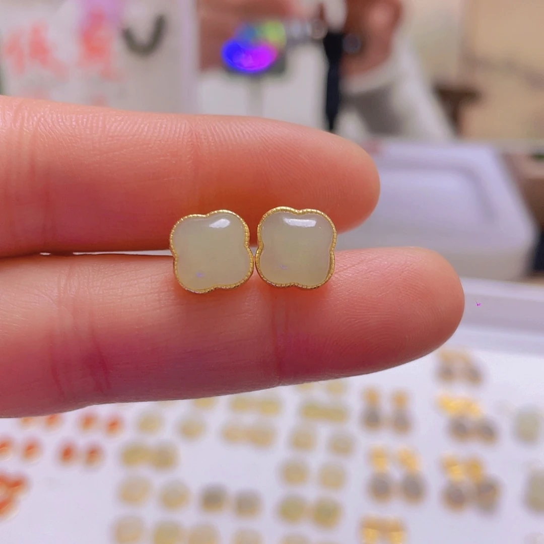 和田玉耳饰银S925镀金镶嵌