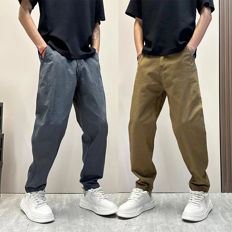 四季男款裤子纯棉宽松痞帅潮牌微锥休闲裤春夏新款男士阔腿工装裤