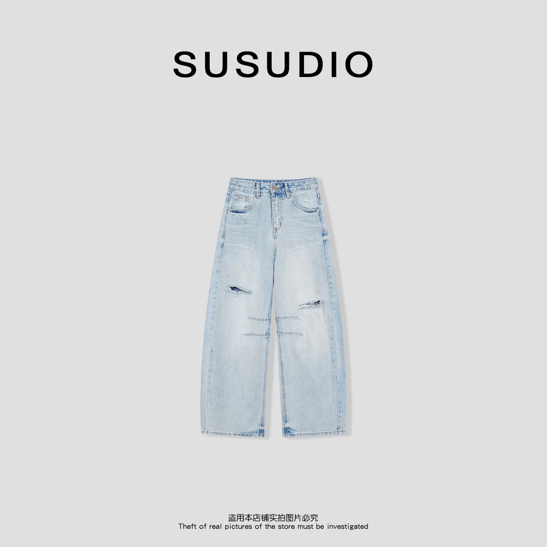 SUSUDIO 100棉韩国大牛同款破洞工艺剪裁有腔调牛仔裤40246