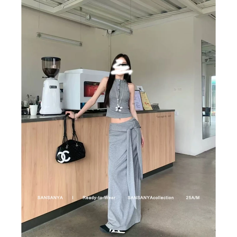 【栗子】高级感辣妹套装女夏季灰色单排扣修身无袖背心绑带半身长裙