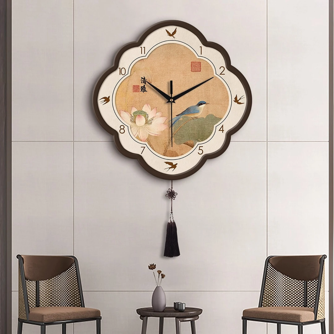 中古风客餐厅花鸟挂钟挂画复古高级感玄关壁画钟表简约时钟装饰画