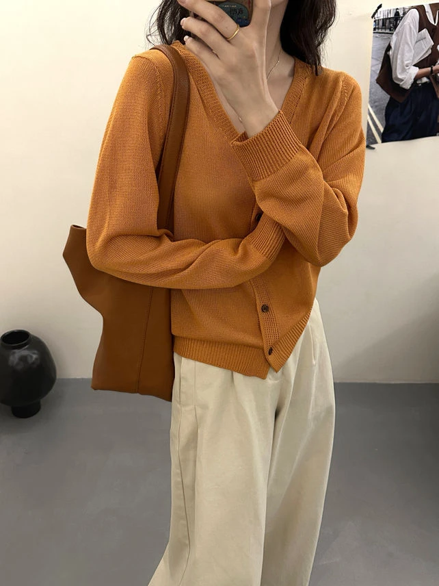 【V领长袖开衫】2025秋季新款V领纯色薄款长袖毛针织衫女款爆款