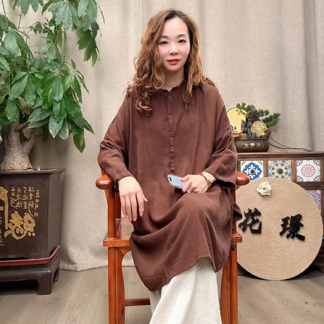 花璟原创设计复古炒色4粒扣木耳领中长款上衣（衣长90胸围160）