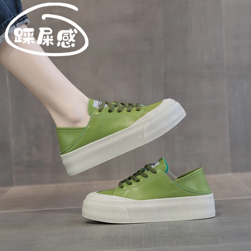 万达撤柜头层牛皮小白鞋女2025秋季新款软底踩脚两穿厚底增高板鞋