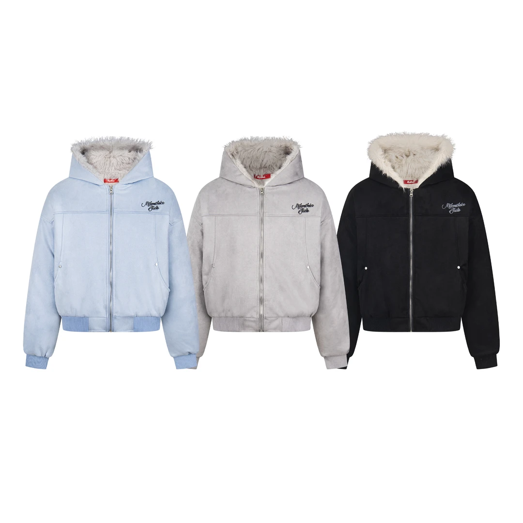 TOM潮 美式街头复古风连帽字母刺绣拼接短外套保暖加绒冬季新款