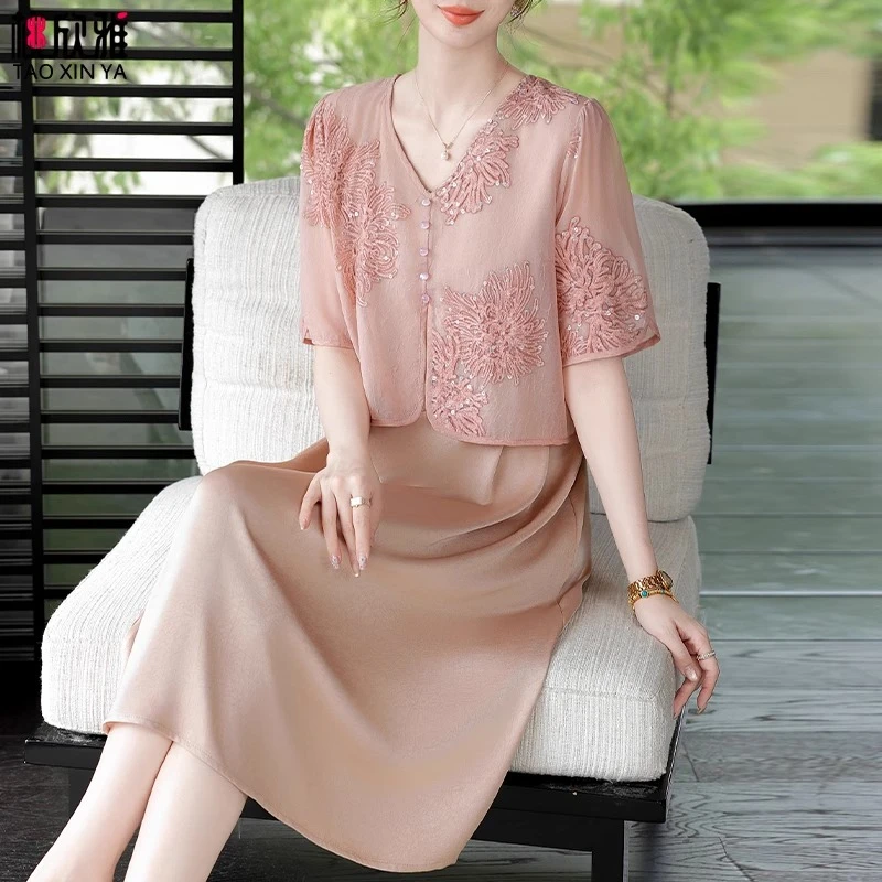 妈妈夏装雪纺连衣裙改良旗袍长裙2025新款中老年女装夏季短袖裙子