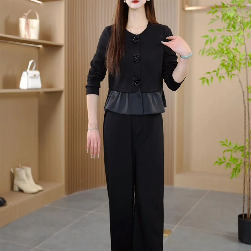 早春流行时尚套装女2025新款圆领上衣阔腿裤两件套洋气小香风套装