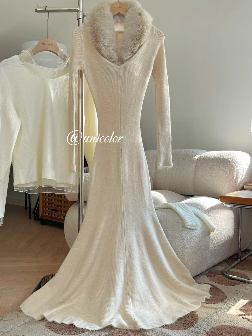 鱼尾v领针织长裙