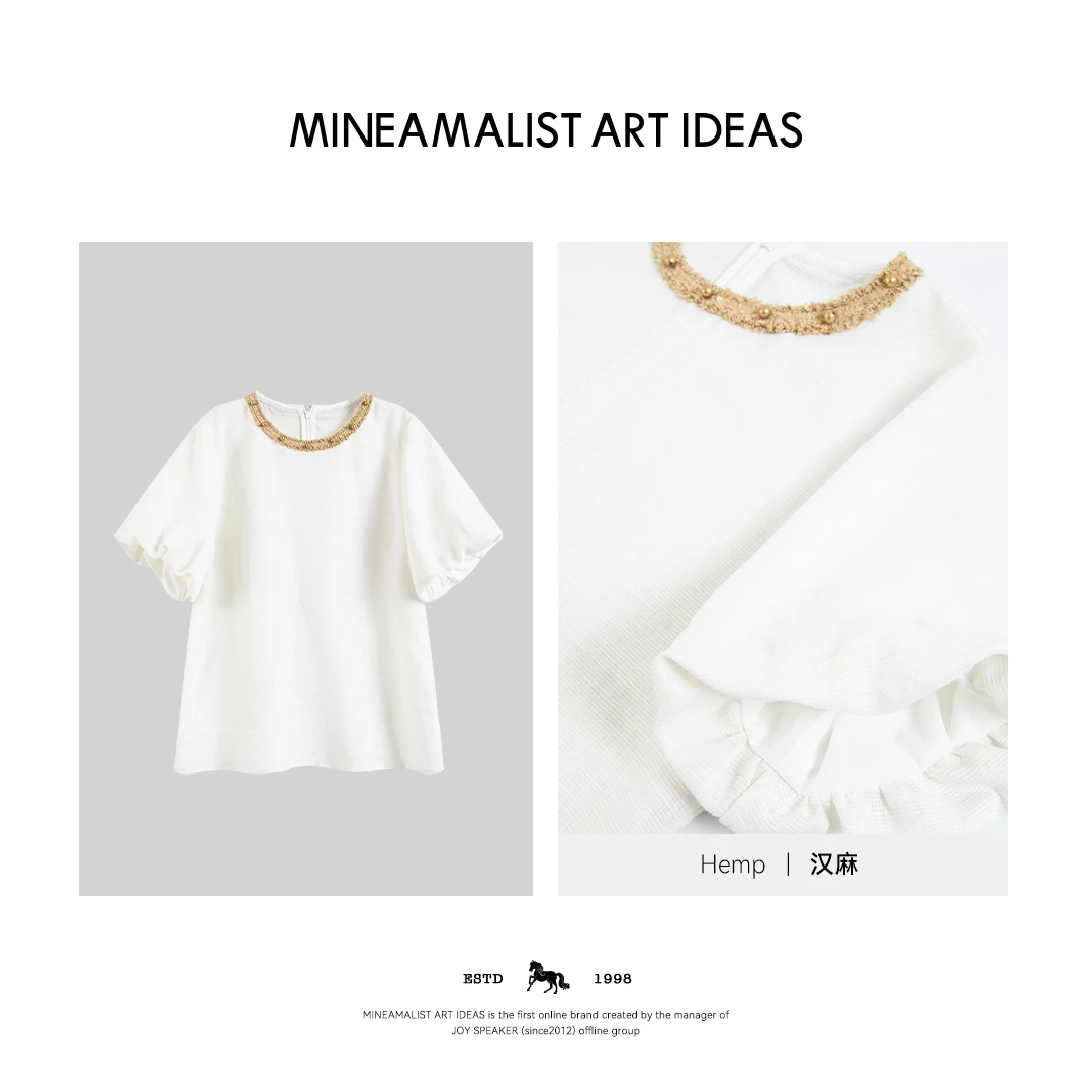 夏季圆领法式手工钉珠汉麻上衣3976M