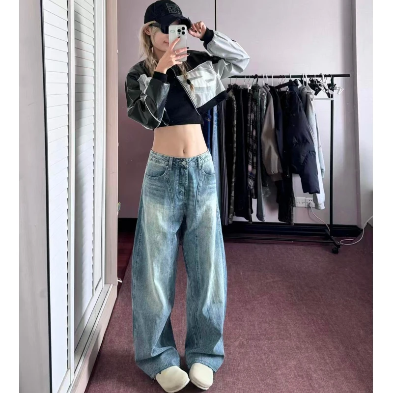 裤长112cm加长高个子美式高腰镰刀牛仔裤女秋宽松阔腿弯刀垂感裤