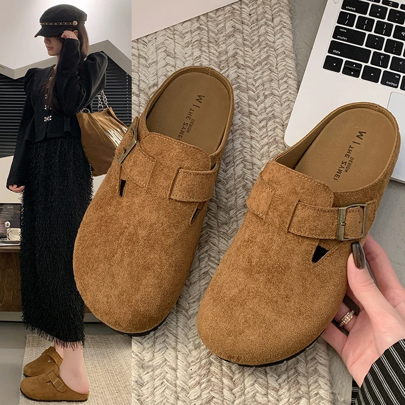 半拖勃肯鞋女款2025新款爆款复古森系百搭包头拖鞋平底内增高鞋子